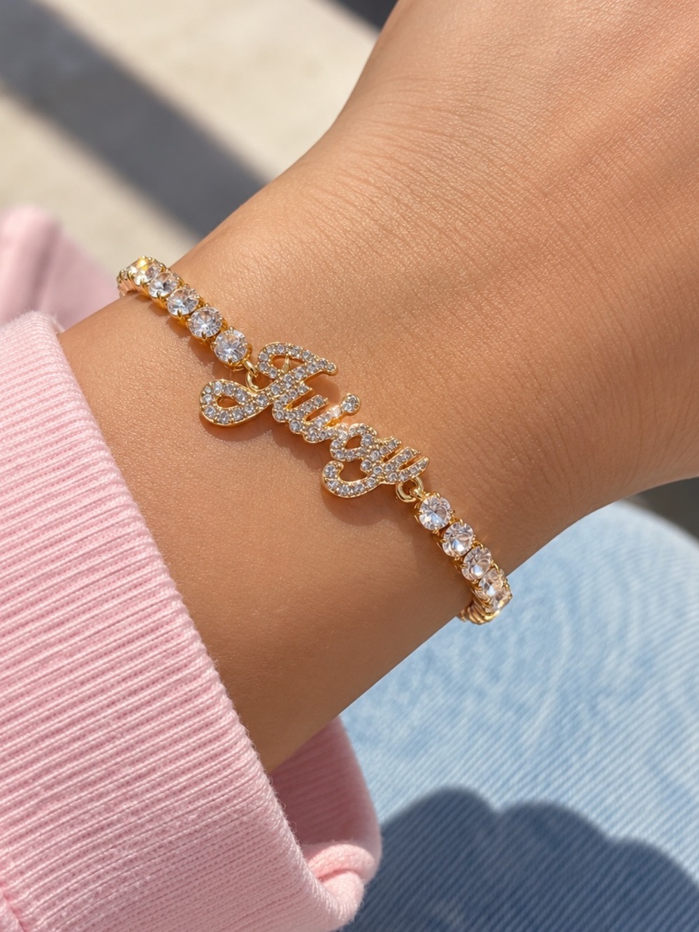 Juicy Couture Gold Script Name Bracelet with Clear Crystals